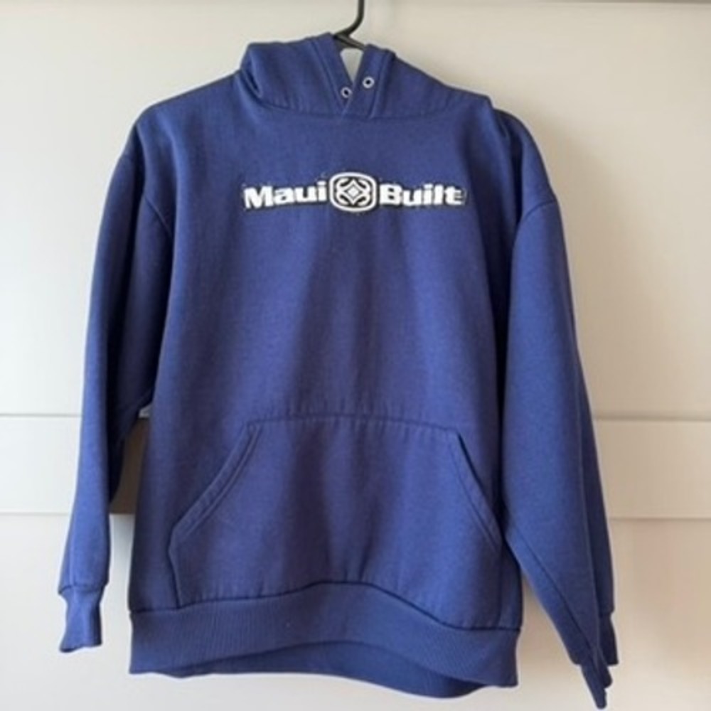 Vintage Maui Built Hoodie Mens‎ Medium Blue Embroidered Hawaiian Sweatshirt Y2K